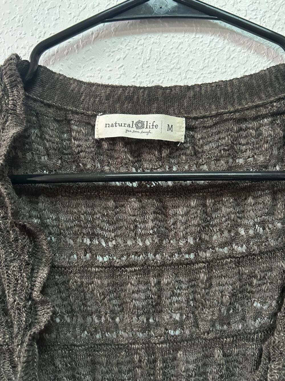 Natural Life Brown Crochet Knit Cardigan with Ruffled Hem and Flower Buttons - Picture 2 of 5